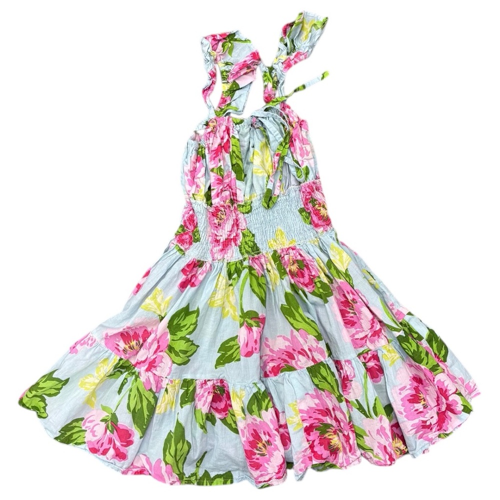 CB Positano Yellow Pink Floral Pattern Ribbed Blue Dress Sz XS